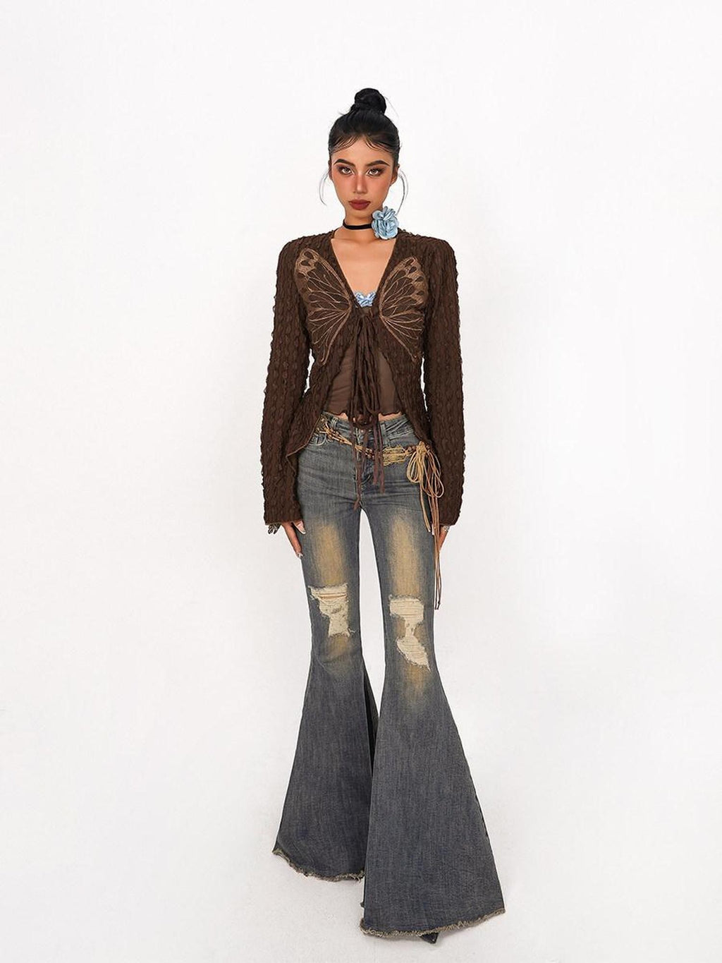 Nico Molly Vintage Ripped Frayed High Waist Women's Cotton Stretch Denim Flare Jeans