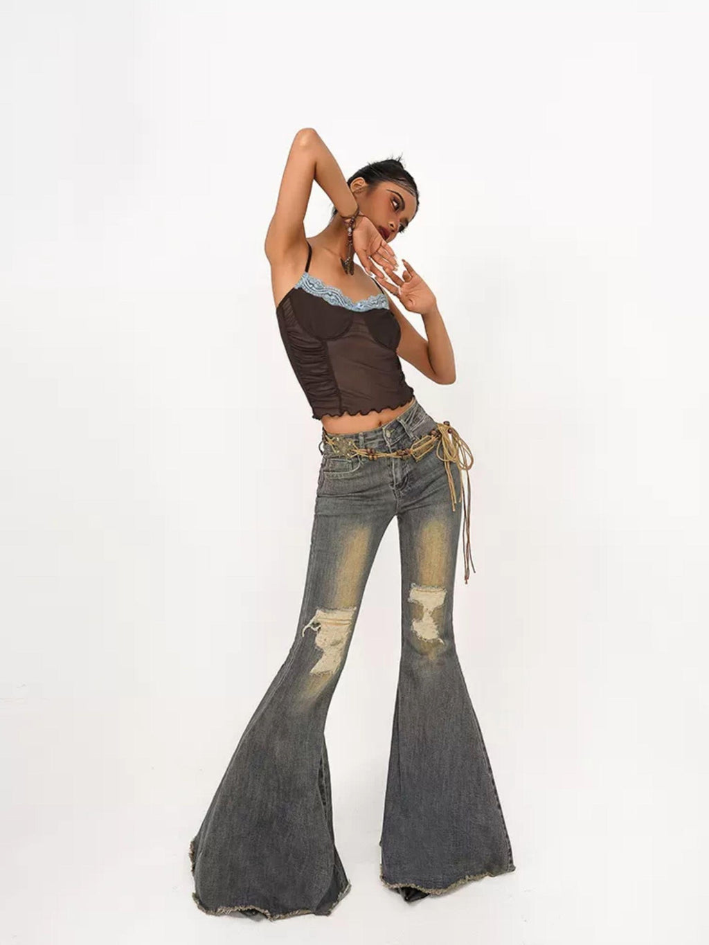 Nico Molly Vintage Ripped Frayed High Waist Women's Cotton Stretch Denim Flare Jeans