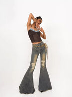 Nico Molly Vintage Ripped Frayed High Waist Women's Cotton Stretch Denim Flare Jeans