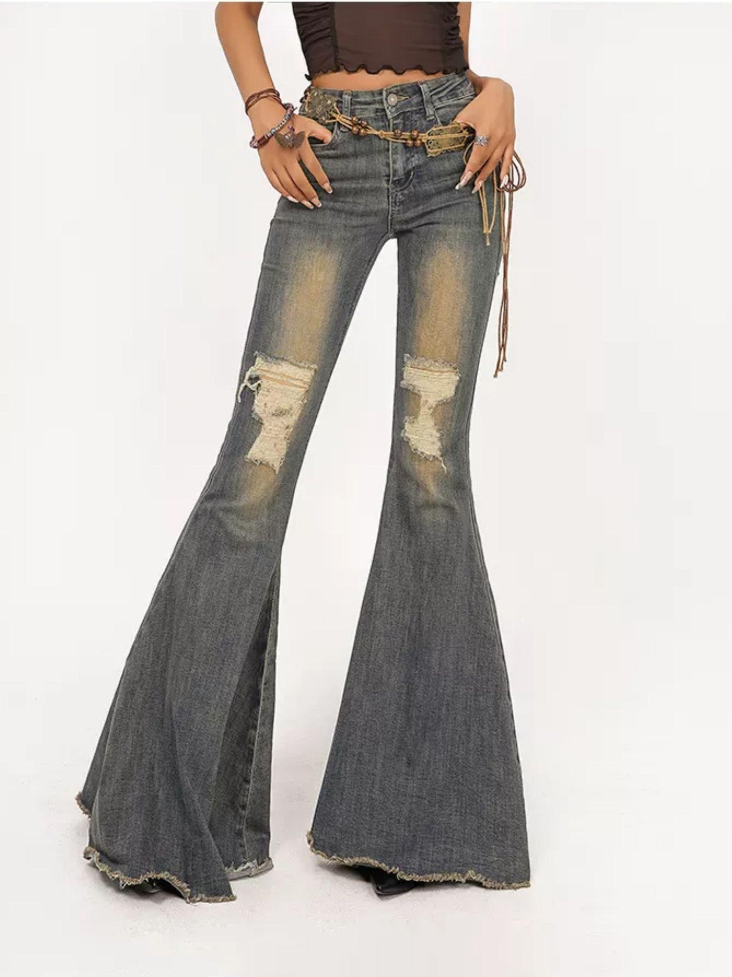 Nico Molly Vintage Ripped Frayed High Waist Women's Cotton Stretch Denim Flare Jeans