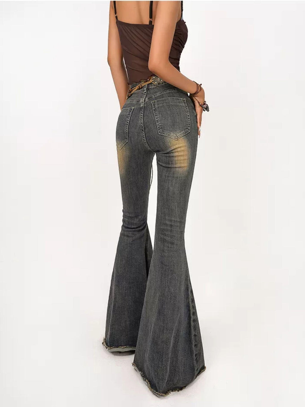 Nico Molly Vintage Ripped Frayed High Waist Women's Cotton Stretch Denim Flare Jeans