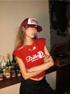 Nico Molly Vintage Ruched Letter Print Women's Cotton Spandex Short Sleeve T-shirts