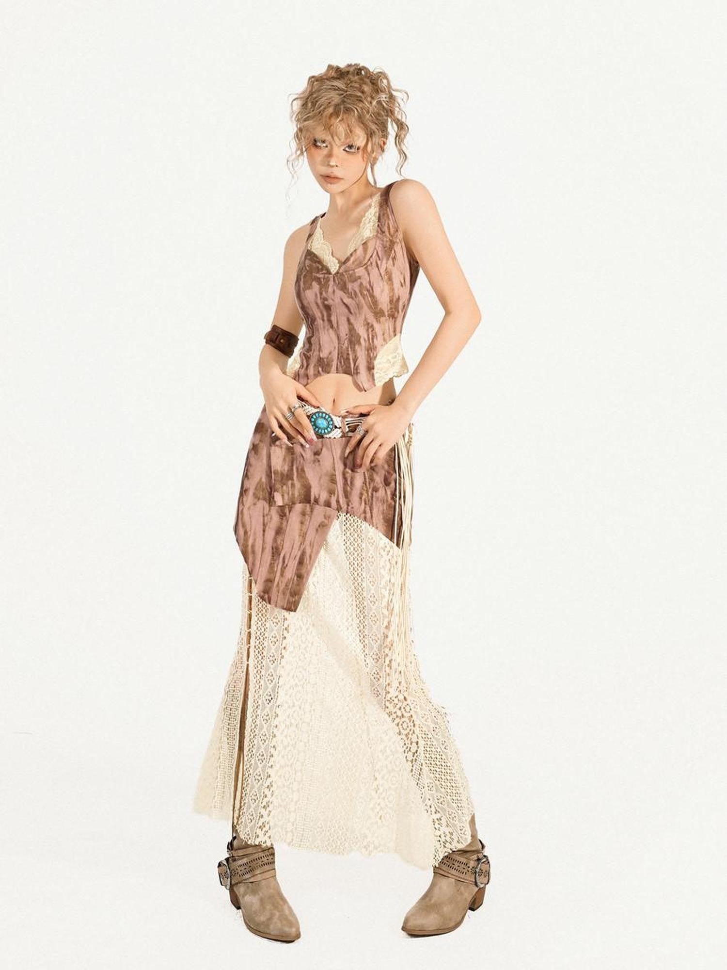 Nico Molly Vintage Street Lace Spliced V-neck Women's Polyester Top & Skirt Sets