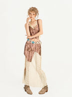 Nico Molly Vintage Street Lace Spliced V-neck Women's Polyester Top & Skirt Sets