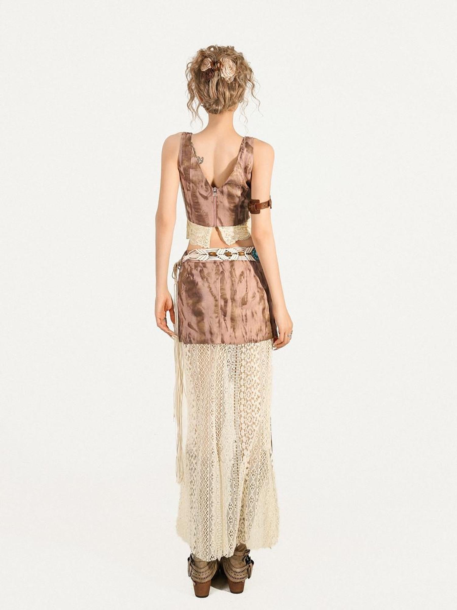Nico Molly Vintage Street Lace Spliced V-neck Women's Polyester Top & Skirt Sets