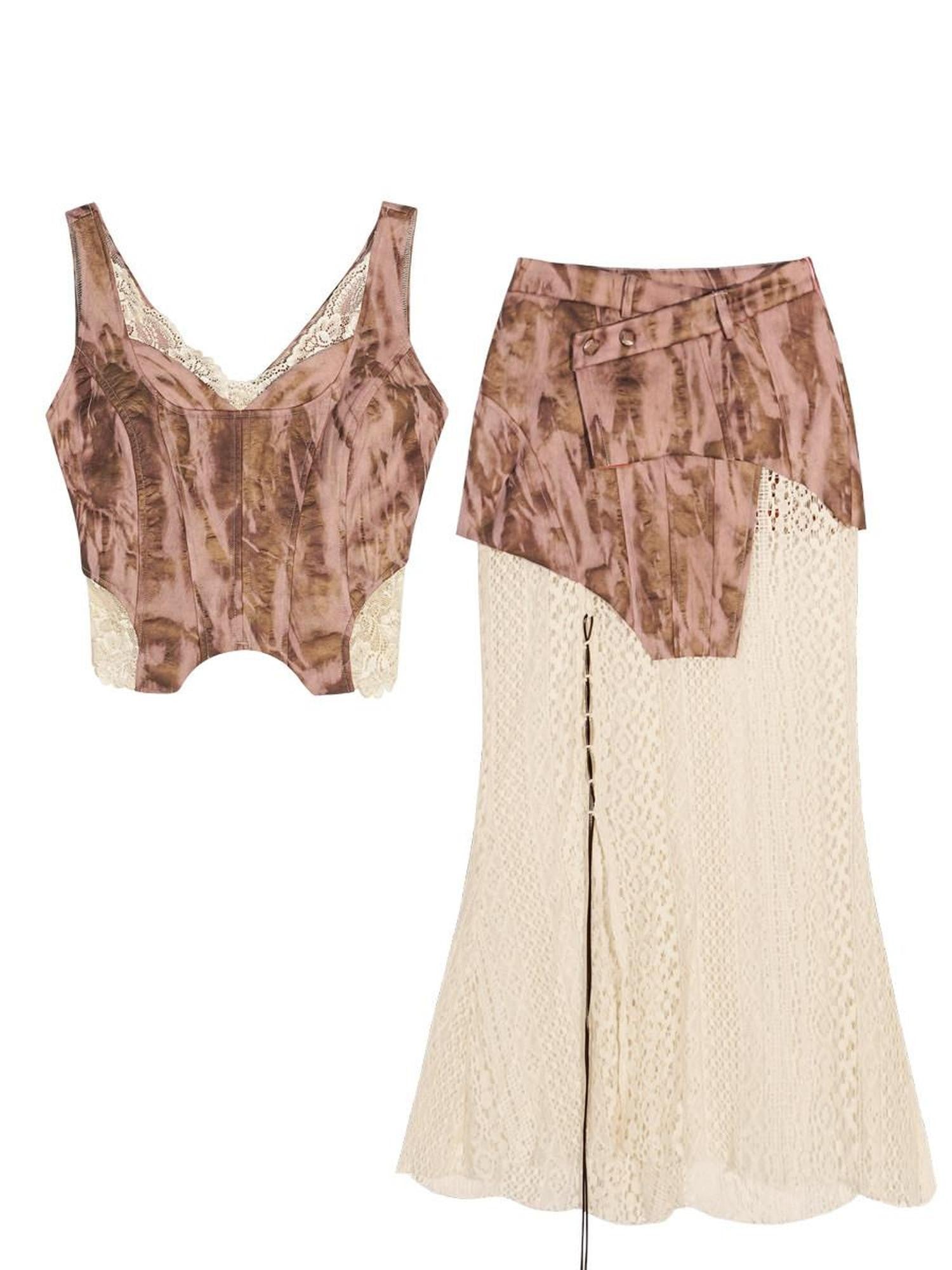 Nico Molly Vintage Street Lace Spliced V-neck Women's Polyester Top & Skirt Sets