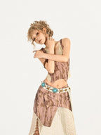 Nico Molly Vintage Street Lace Spliced V-neck Women's Polyester Top & Skirt Sets