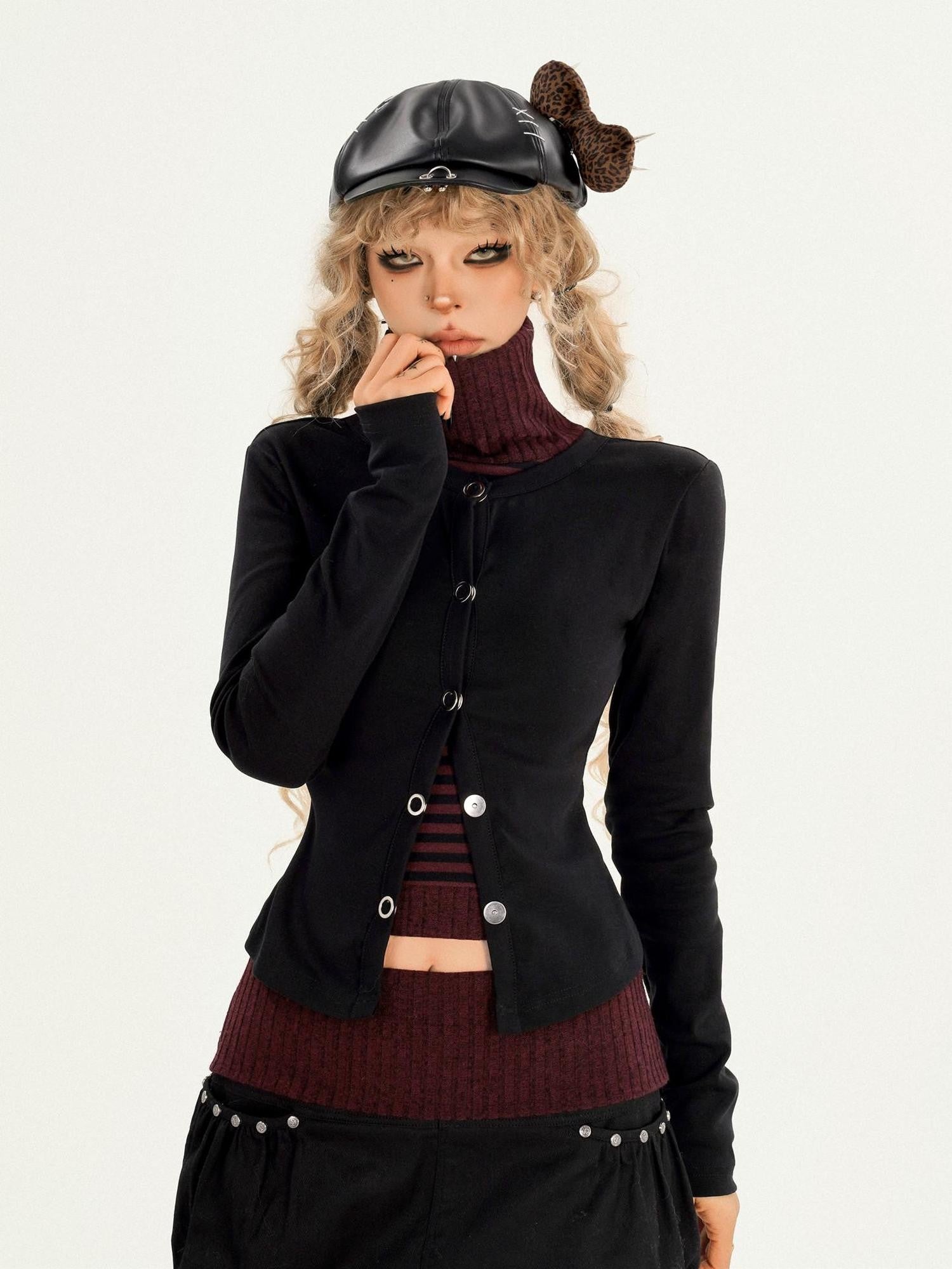 Nico Molly Vintage Striped Patchwork High Neck Metal Hardware Women's Knit Top & Skirt Sets