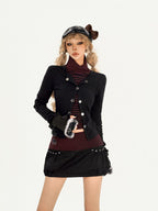 Nico Molly Vintage Striped Patchwork High Neck Metal Hardware Women's Knit Top & Skirt Sets