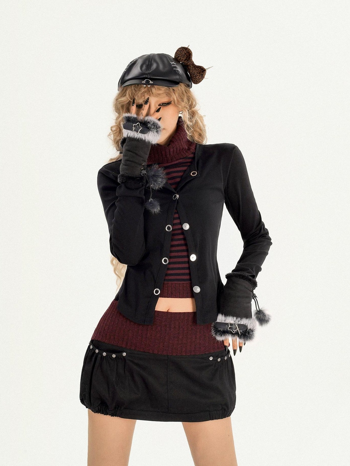 Nico Molly Vintage Striped Patchwork High Neck Metal Hardware Women's Knit Top & Skirt Sets