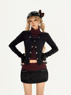 Nico Molly Vintage Striped Patchwork High Neck Metal Hardware Women's Knit Top & Skirt Sets