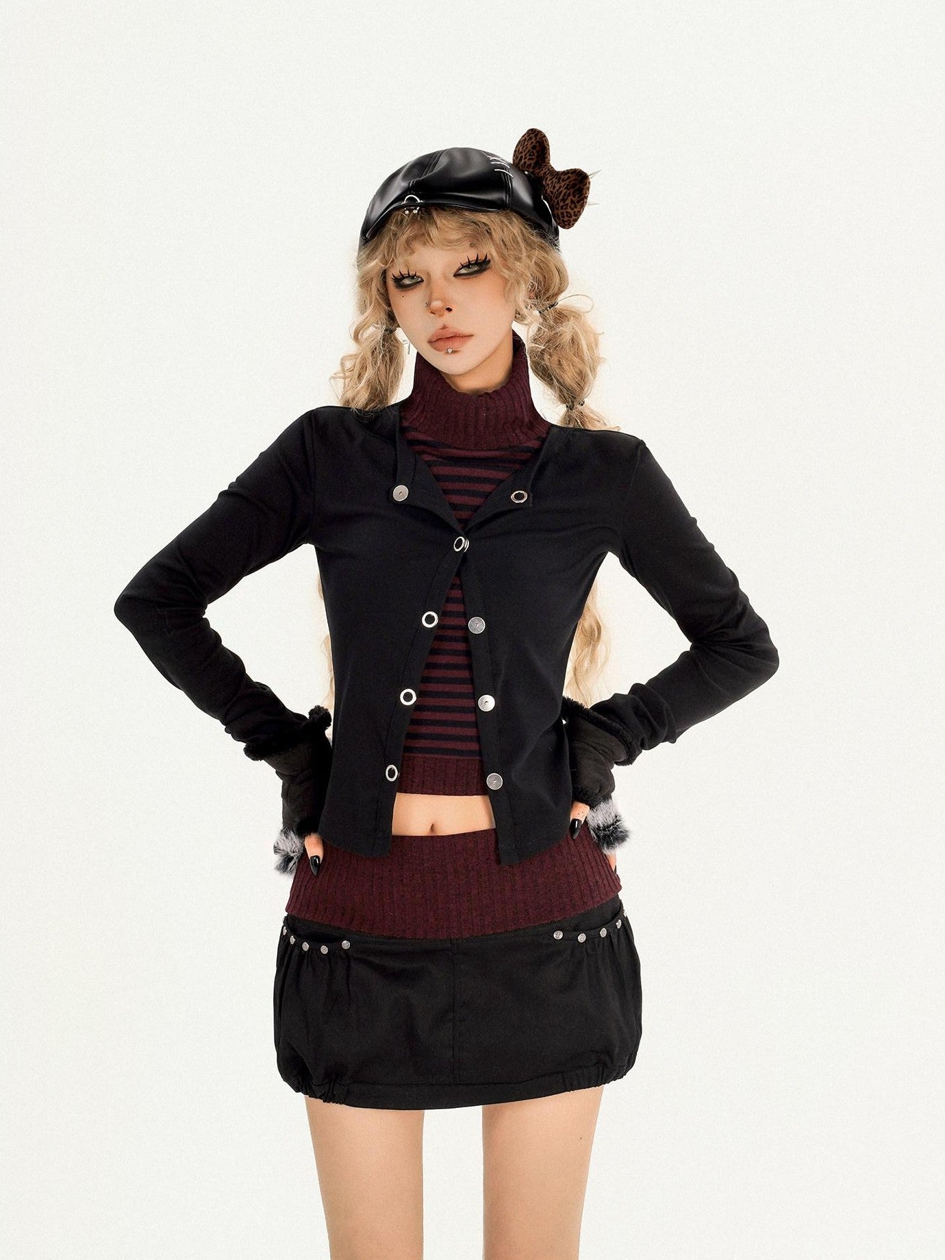 Nico Molly Vintage Striped Patchwork High Neck Metal Hardware Women's Knit Top & Skirt Sets