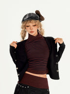 Nico Molly Vintage Striped Patchwork High Neck Metal Hardware Women's Knit Top & Skirt Sets