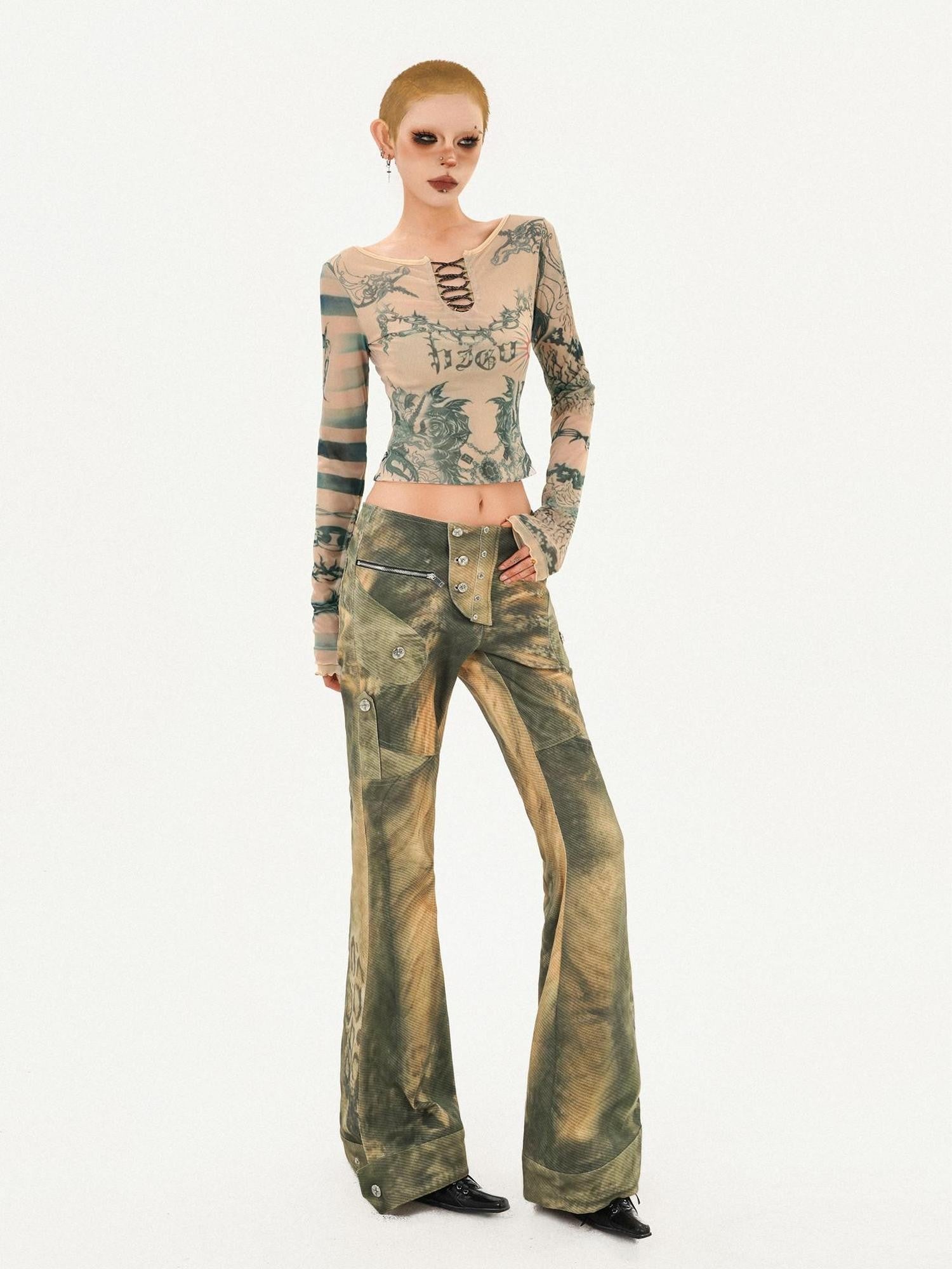 Nico Molly Vintage Tie Dye Distressed Reversible Printed Women's Mesh Long Sleeve T-shirts