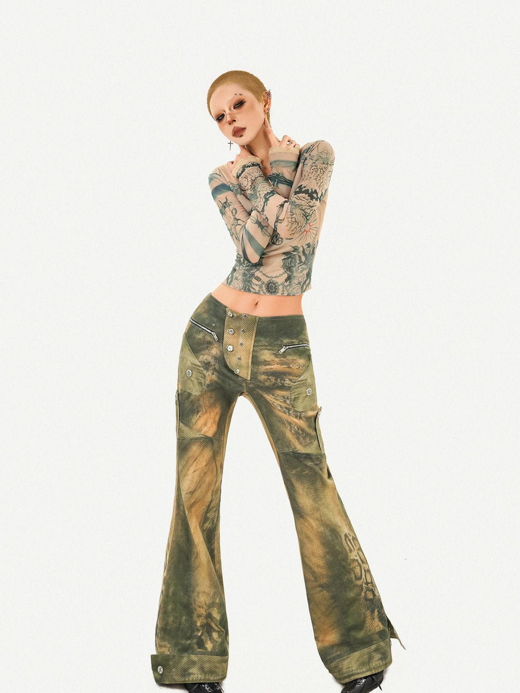 Nico Molly Vintage Tie Dye Distressed Reversible Printed Women's Mesh Long Sleeve T-shirts
