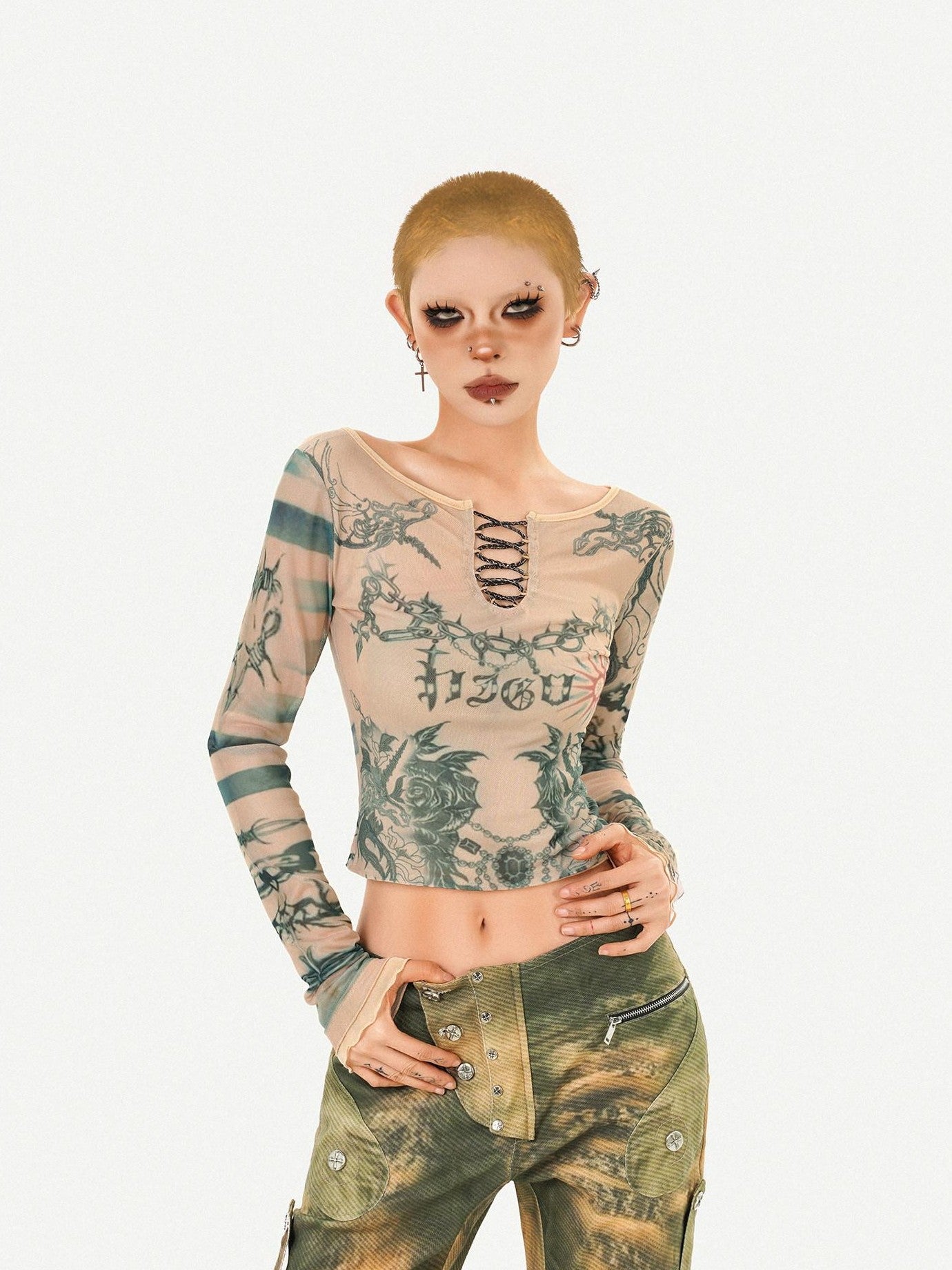 Nico Molly Vintage Tie Dye Distressed Reversible Printed Women's Mesh Long Sleeve T-shirts