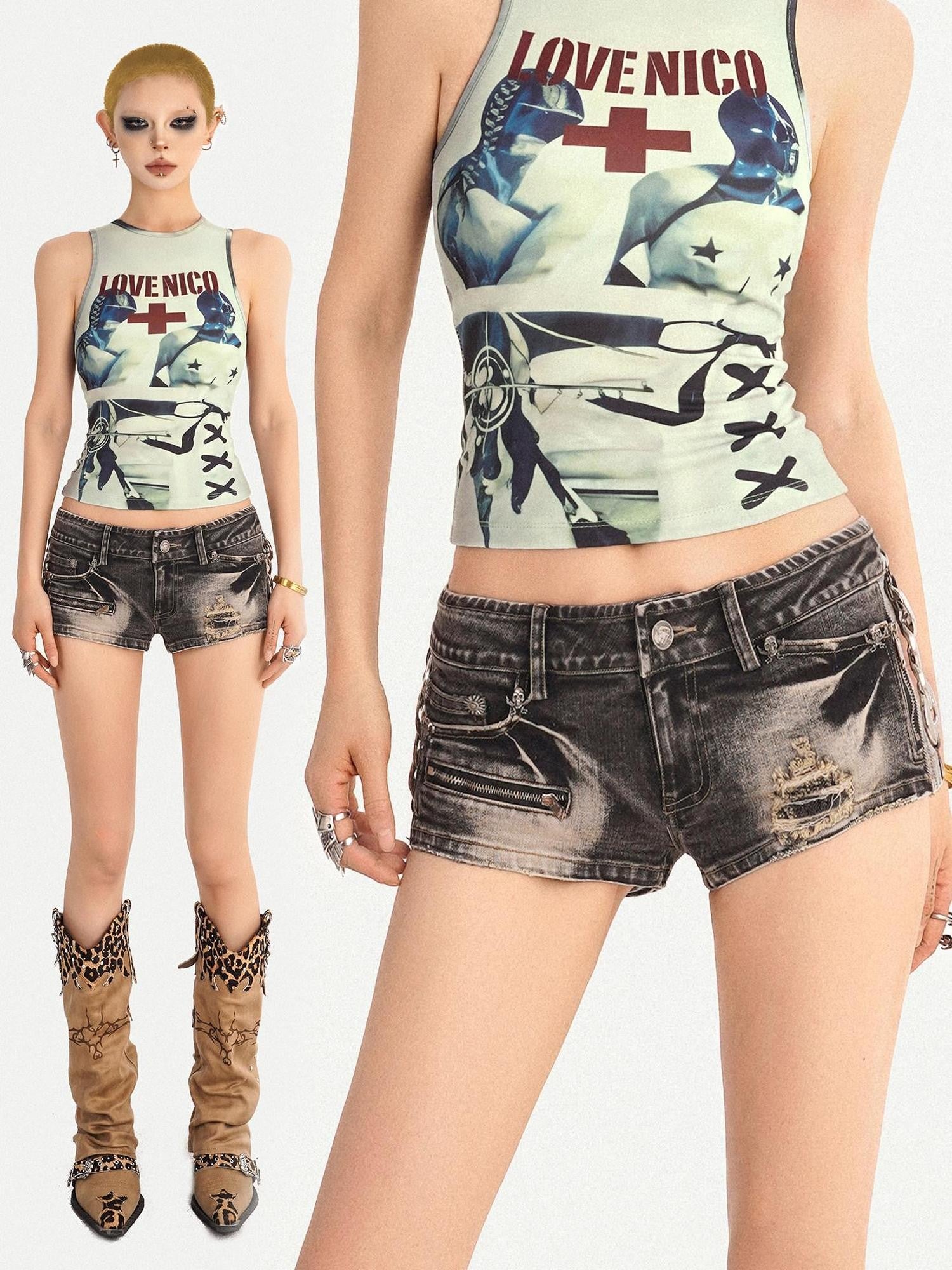 Nico Molly Vintage Washed Distressed Ripped Low Waist Women's Slim Stretch Denim Shorts