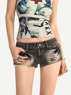 Nico Molly Vintage Washed Distressed Ripped Low Waist Women's Slim Stretch Denim Shorts