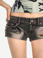 Nico Molly Vintage Washed Distressed Ripped Low Waist Women's Slim Stretch Denim Shorts