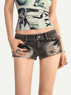 Nico Molly Vintage Washed Distressed Ripped Low Waist Women's Slim Stretch Denim Shorts