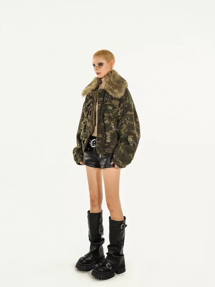 Nico Molly Washed Camouflage Detachable Fur Collar Distressed Women's Cotton Puffer Jackets