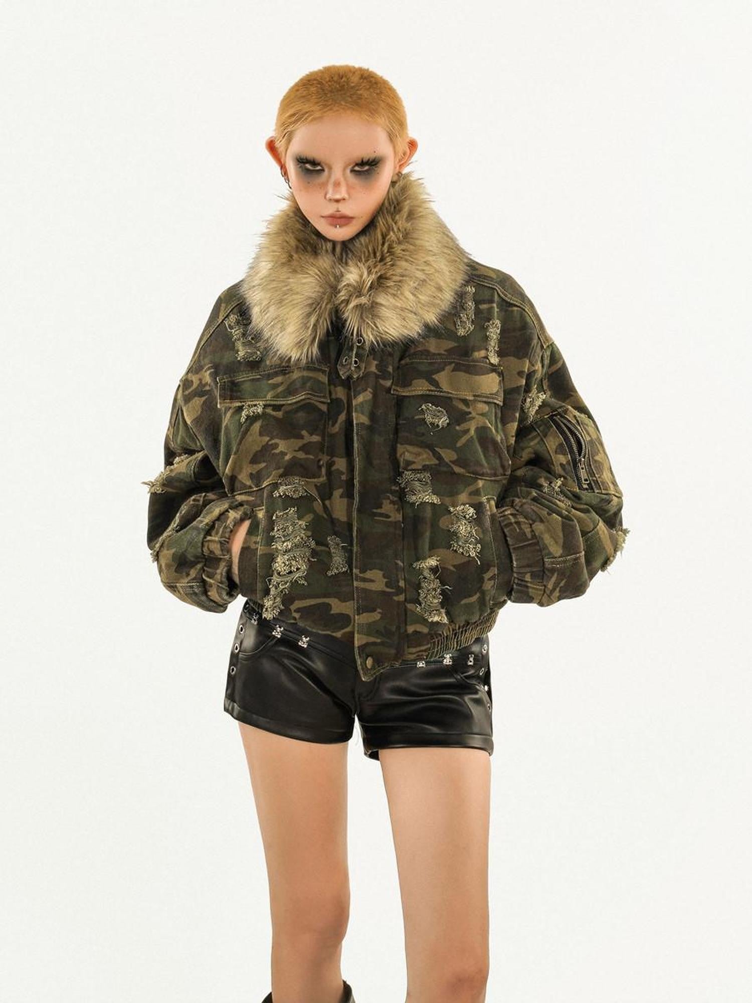 Nico Molly Washed Camouflage Detachable Fur Collar Distressed Women's Cotton Puffer Jackets