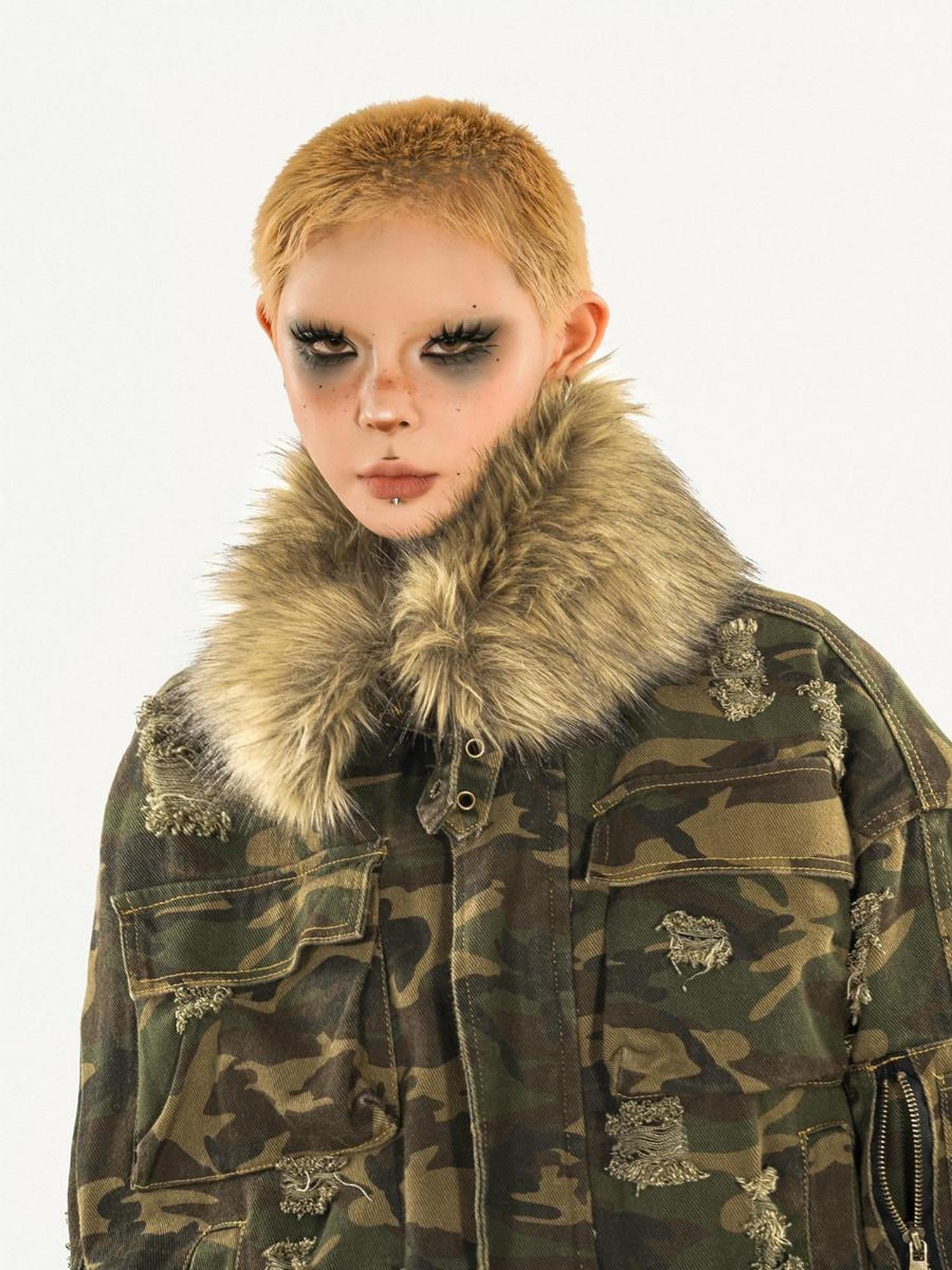 Nico Molly Washed Camouflage Detachable Fur Collar Distressed Women's Cotton Puffer Jackets