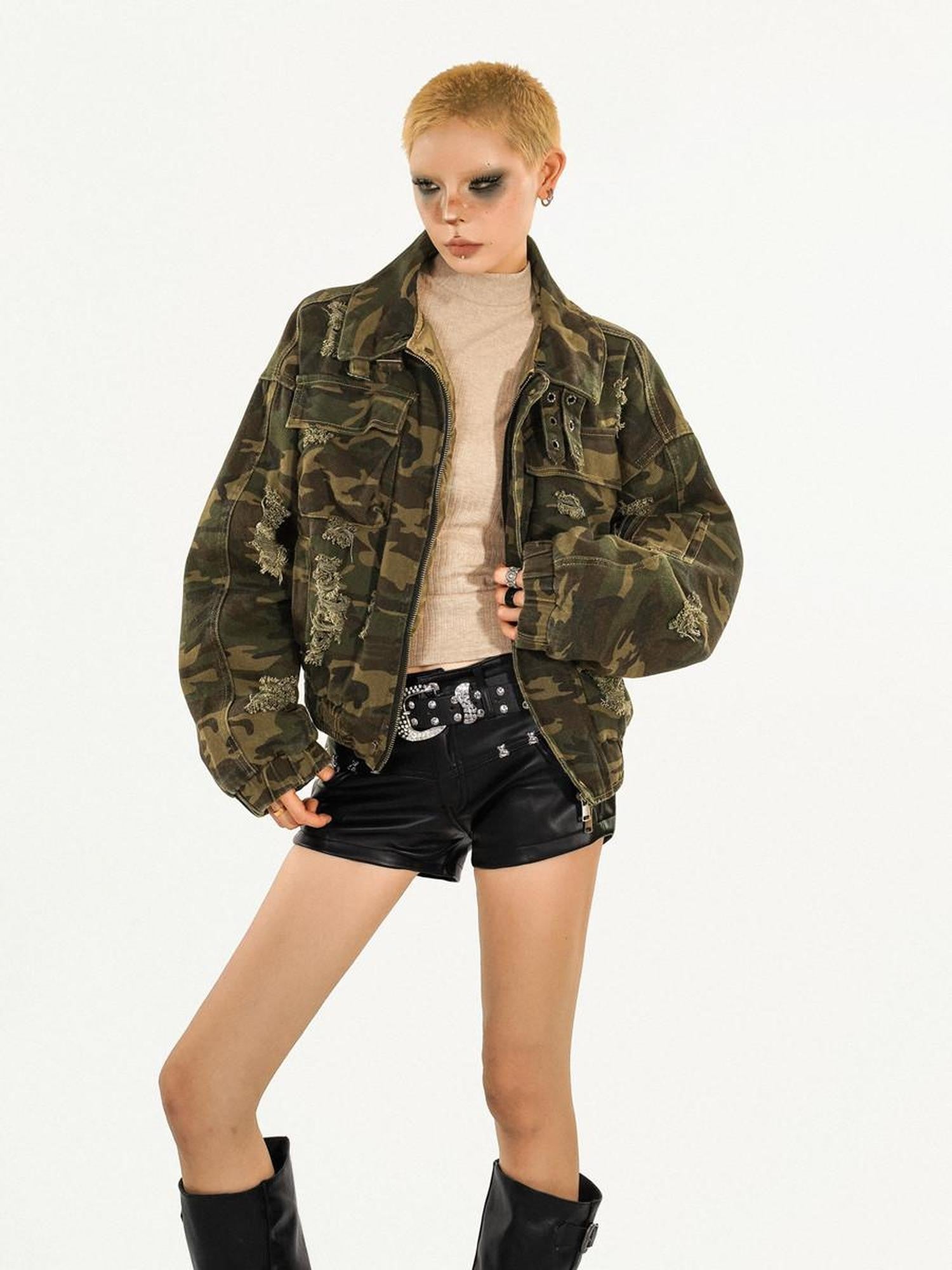Nico Molly Washed Camouflage Detachable Fur Collar Distressed Women's Cotton Puffer Jackets