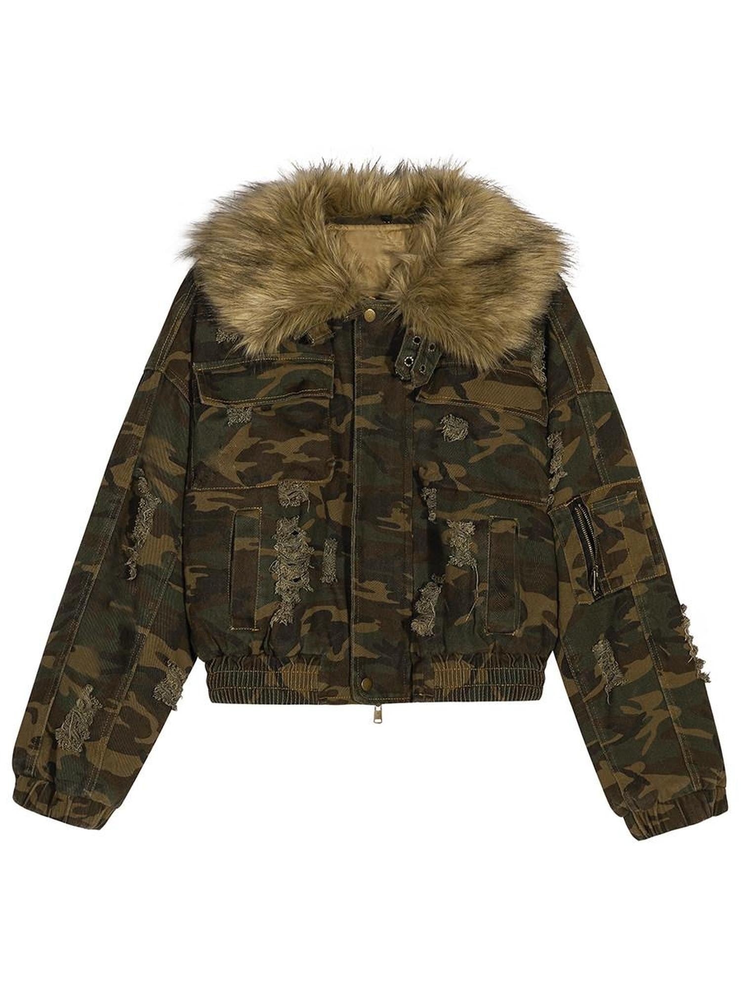 Nico Molly Washed Camouflage Detachable Fur Collar Distressed Women's Cotton Puffer Jackets