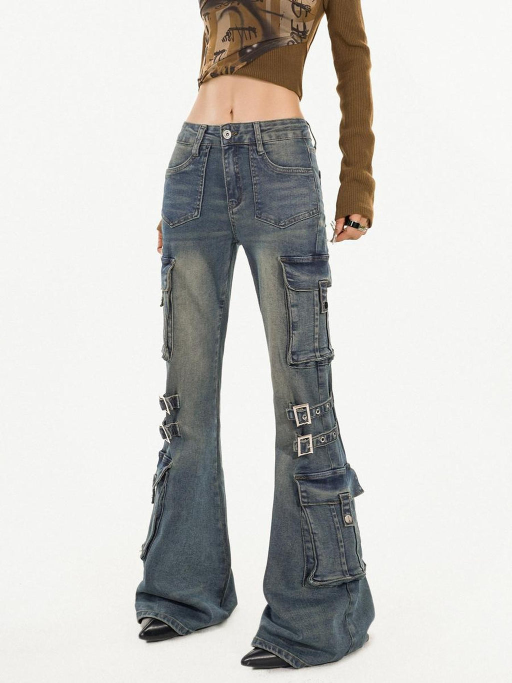 Nico Molly Washed Vintage Reinforced Cargo Slim Micro Women's Denim Flare Jeans
