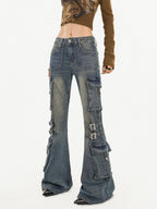 Nico Molly Washed Vintage Reinforced Cargo Slim Micro Women's Denim Flare Jeans
