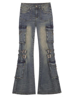 Nico Molly Washed Vintage Reinforced Cargo Slim Micro Women's Denim Flare Jeans