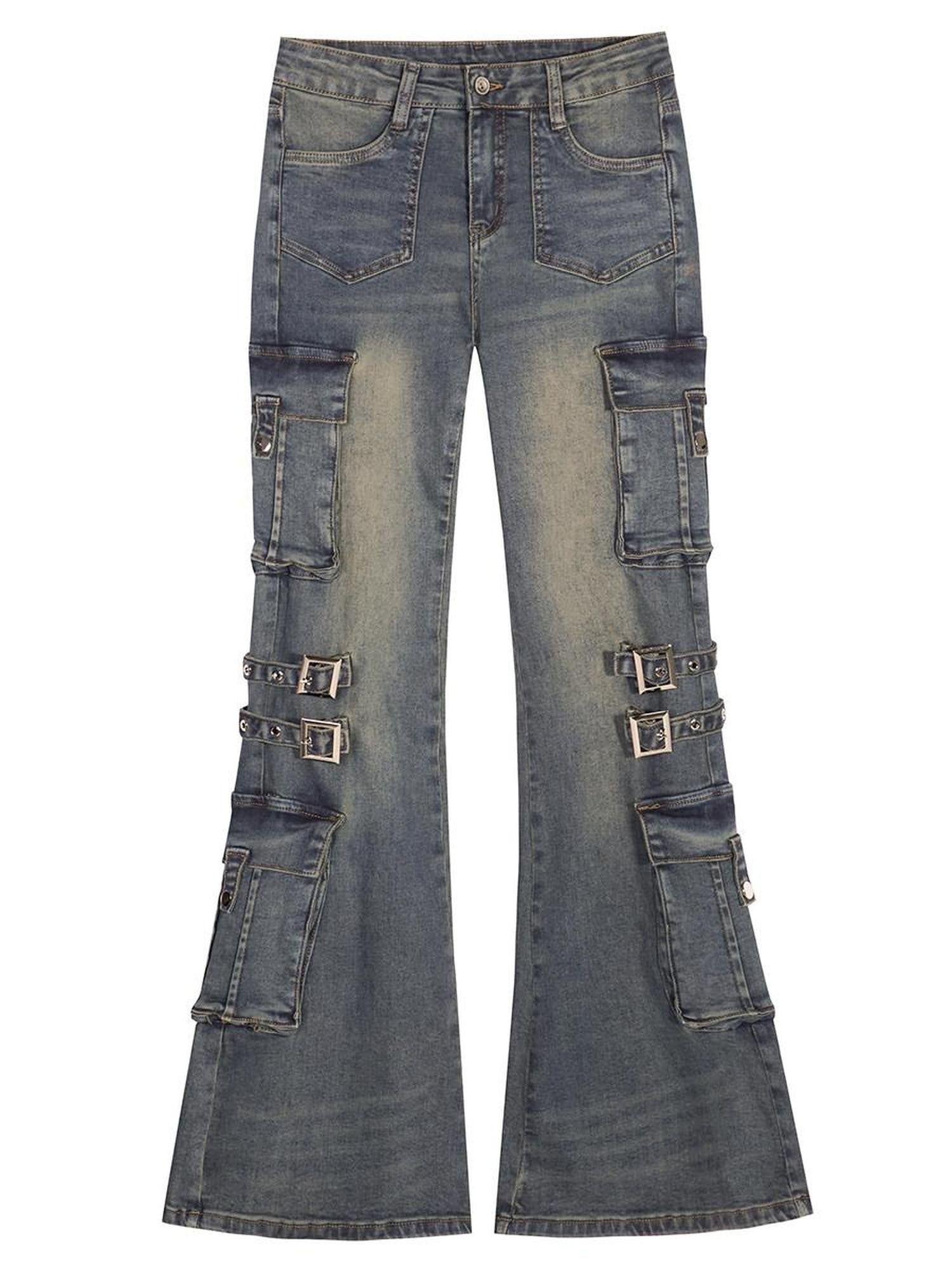 Nico Molly Washed Vintage Reinforced Cargo Slim Micro Women's Denim Flare Jeans
