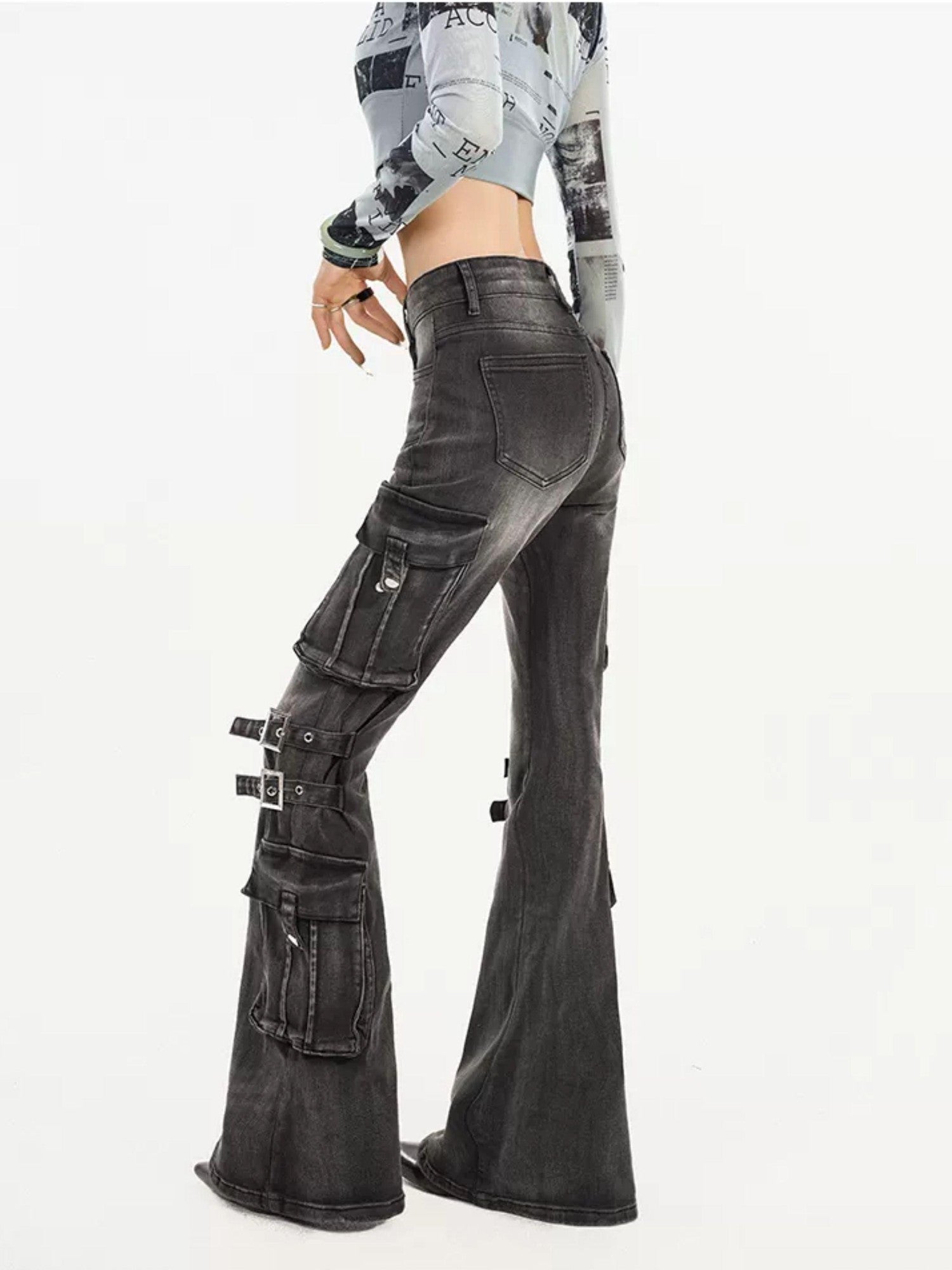 Nico Molly Washed Vintage Reinforced Cargo Slim Micro Women's Denim Flare Jeans
