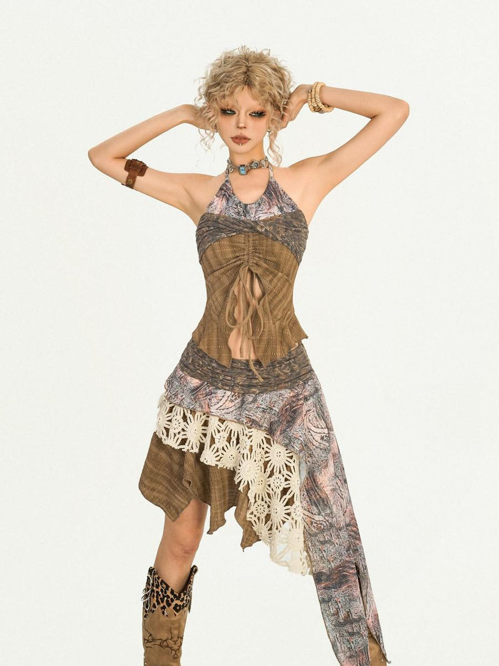 Nico Molly Wasteland Drawstring Patchwork Halter Backless Asymmetric Women's Camisoles