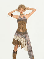 Nico Molly Wasteland Drawstring Patchwork Halter Backless Asymmetric Women's Camisoles