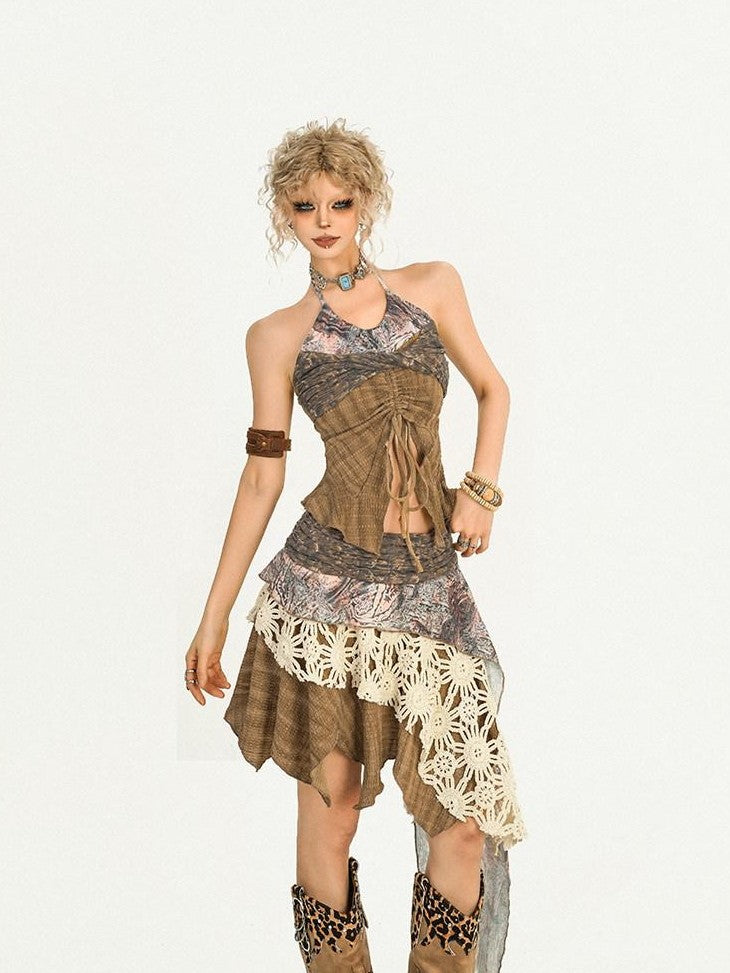 Nico Molly Wasteland Drawstring Patchwork Halter Backless Asymmetric Women's Camisoles
