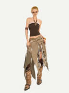 Nico Molly Wasteland Patchwork Mesh Asymmetric Punk Women's Denim Midi Skirts