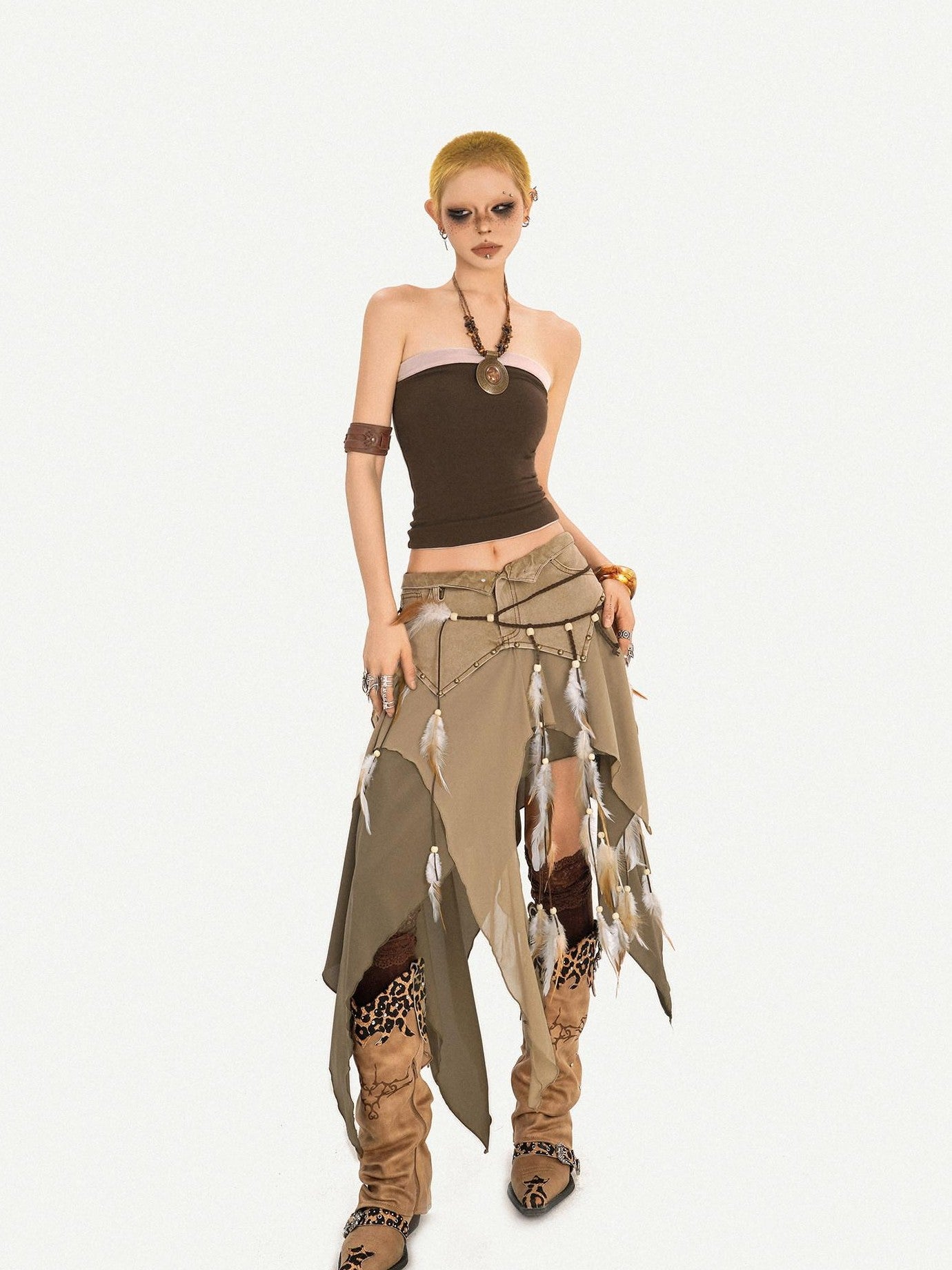 Nico Molly Wasteland Patchwork Mesh Asymmetric Punk Women's Denim Midi Skirts