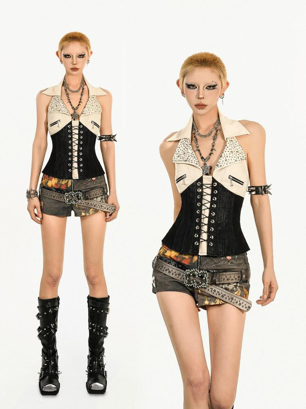 Nico Molly Western Patchwork Halter Collared Fishbone Waist Slim Cropped Women's Tank Tops