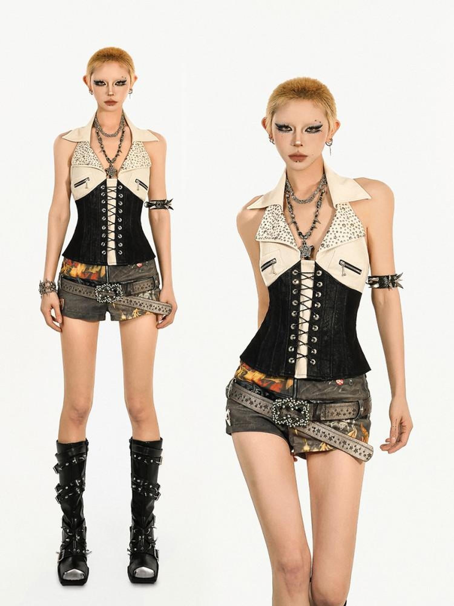 Nico Molly Western Patchwork Halter Collared Fishbone Waist Slim Cropped Women's Tank Tops