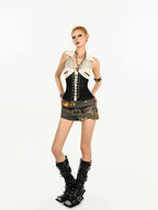 Nico Molly Western Patchwork Halter Collared Fishbone Waist Slim Cropped Women's Tank Tops