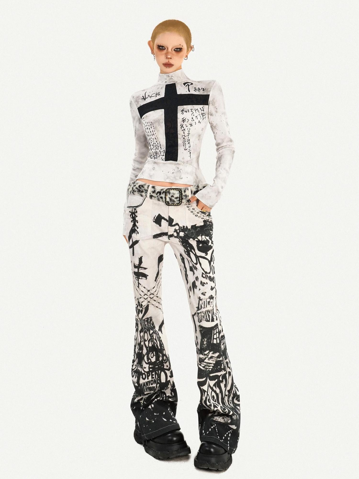 Nico Molly White Gothic Cross Print Punk Slim Fit Women's Long Sleeve T-shirts