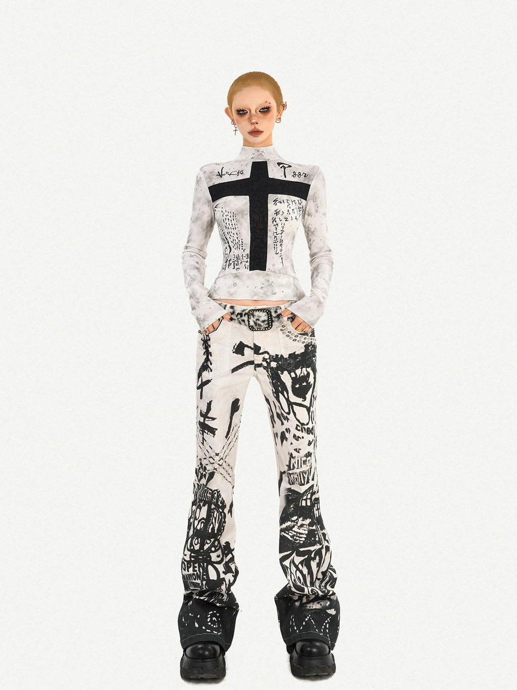 Nico Molly White Gothic Cross Print Punk Slim Fit Women's Long Sleeve T-shirts