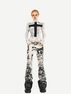 Nico Molly White Gothic Cross Print Punk Slim Fit Women's Long Sleeve T-shirts