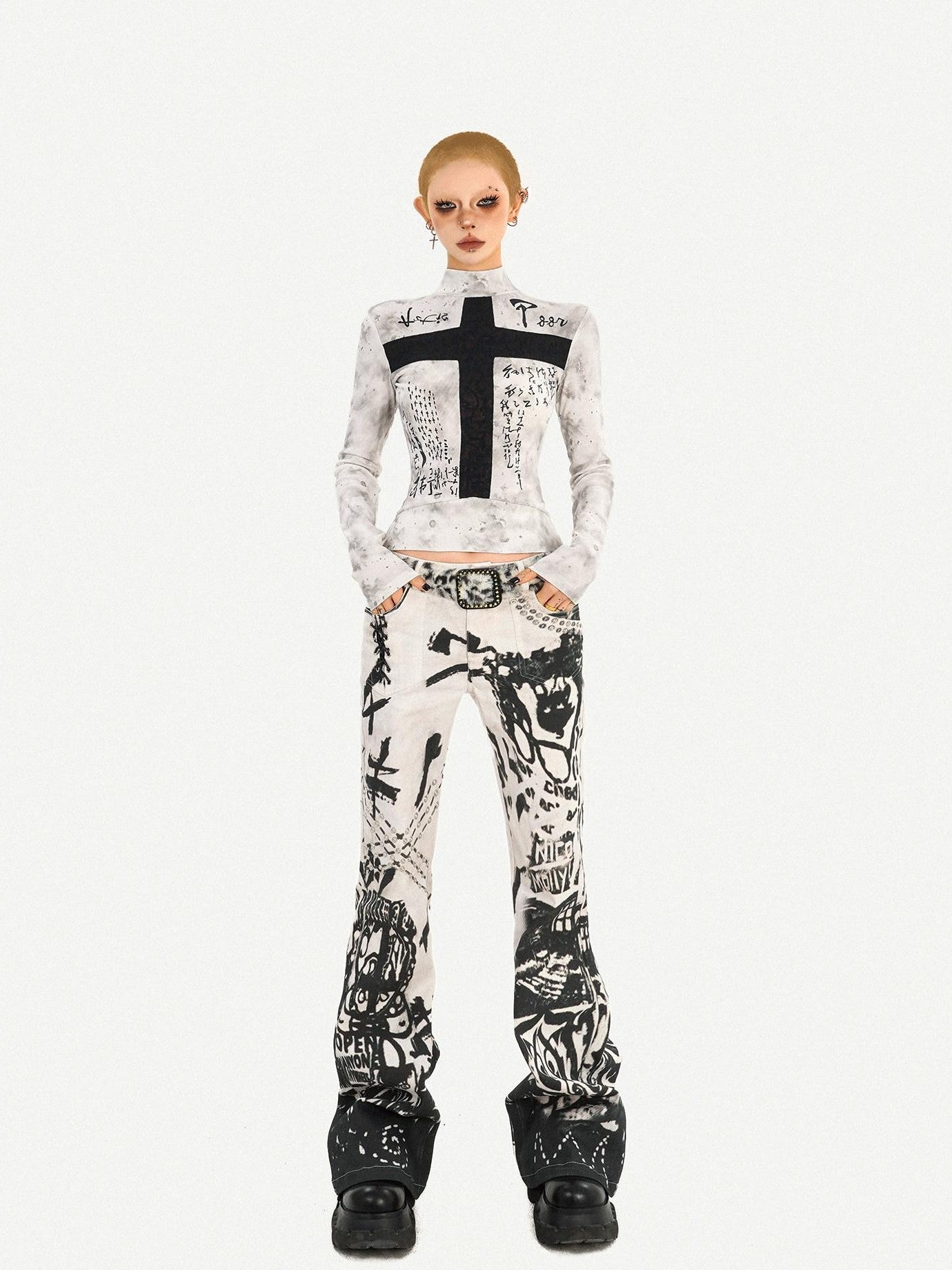 Nico Molly White Gothic Cross Print Punk Slim Fit Women's Long Sleeve T-shirts