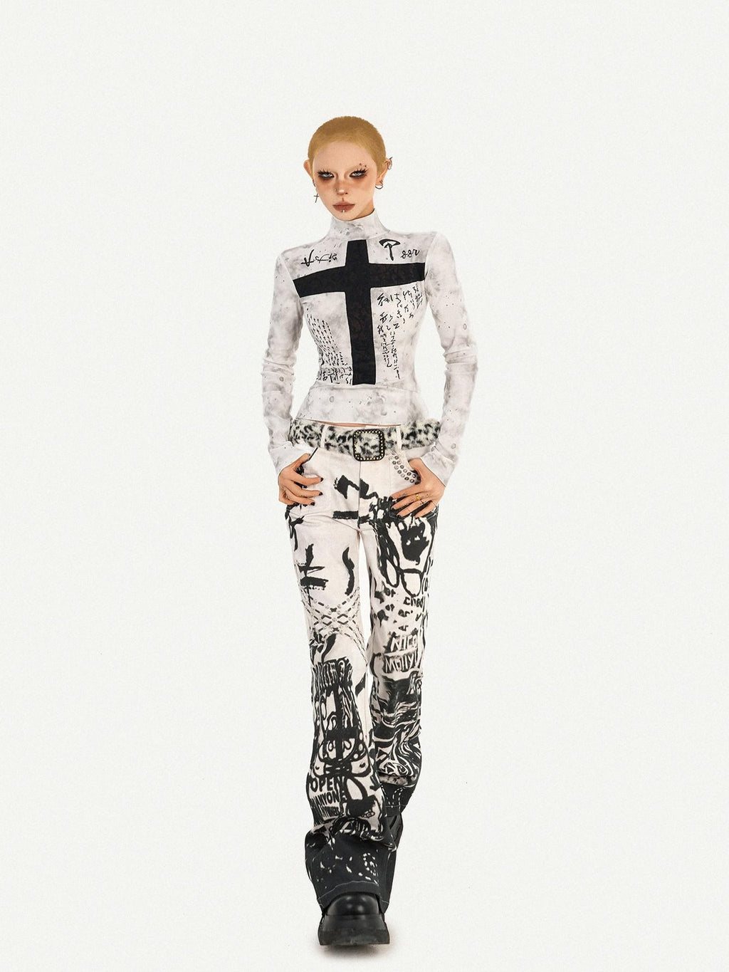 Nico Molly White Gothic Cross Print Punk Slim Fit Women's Long Sleeve T-shirts