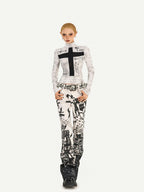 Nico Molly White Gothic Cross Print Punk Slim Fit Women's Long Sleeve T-shirts