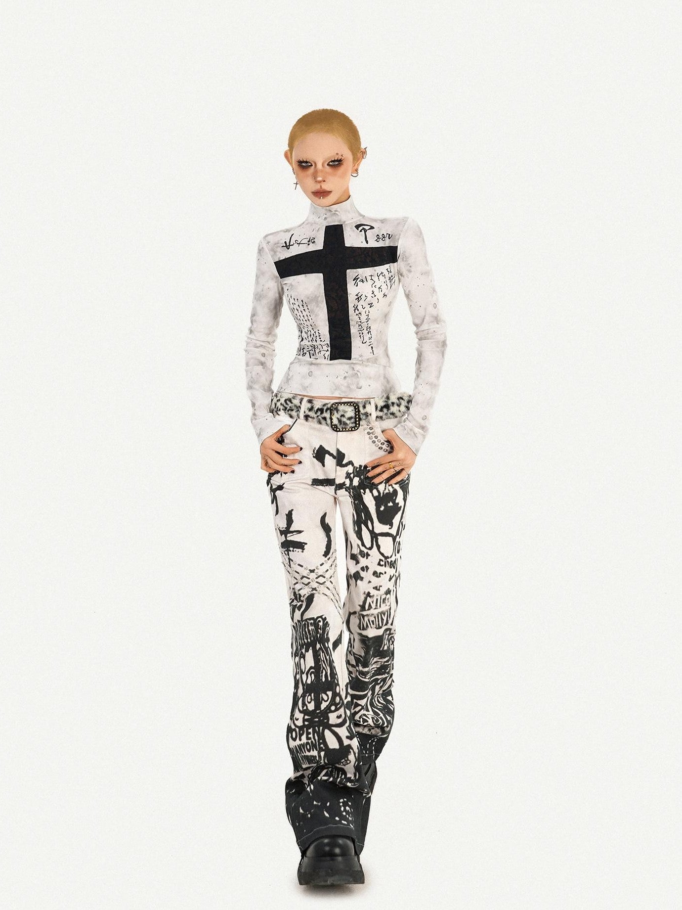 Nico Molly White Gothic Cross Print Punk Slim Fit Women's Long Sleeve T-shirts