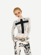 Nico Molly White Gothic Cross Print Punk Slim Fit Women's Long Sleeve T-shirts